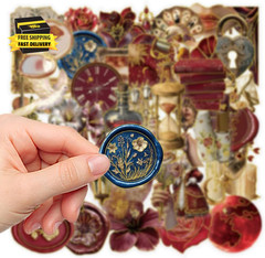 50PCS Vintage Red Gold Stickers for Scrapbooking, Aesthetic Retro Victorian Flor
