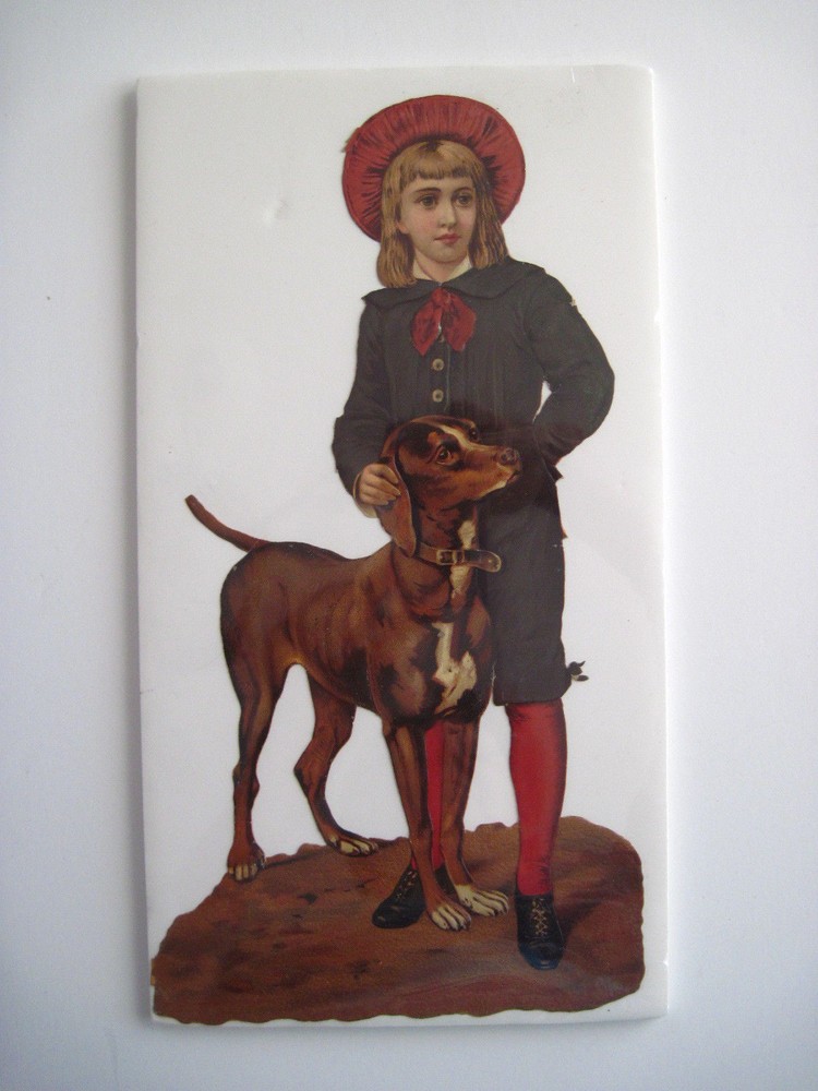 Large Loyal Dog and Boy Die-cut w/ Stately Brown and White Marked Dog *