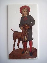 Large Loyal Dog and Boy Die-cut w/ Stately Brown and White Marked Dog *