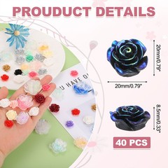 20mm Resin Rose Flatback Charms, 40 Pcs Cabochon Embellishment, Shiny Black