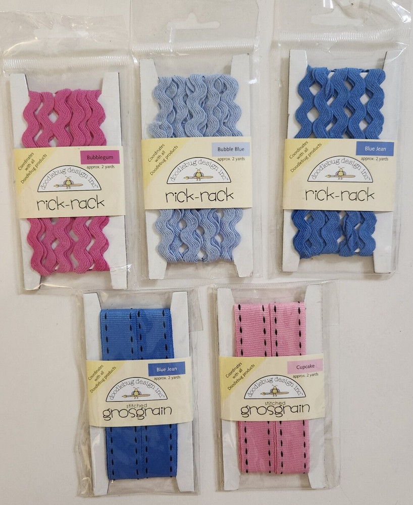 NEW Lot 7 Pkgs Doodlebug Design Ribbon Rick-Rack Stitched Grosgrain Pink Blue -B