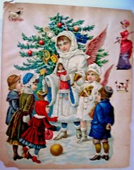 Large 1800’s Christmas Die Cut w/ Stunning Angels Handing Out Toys to Children *