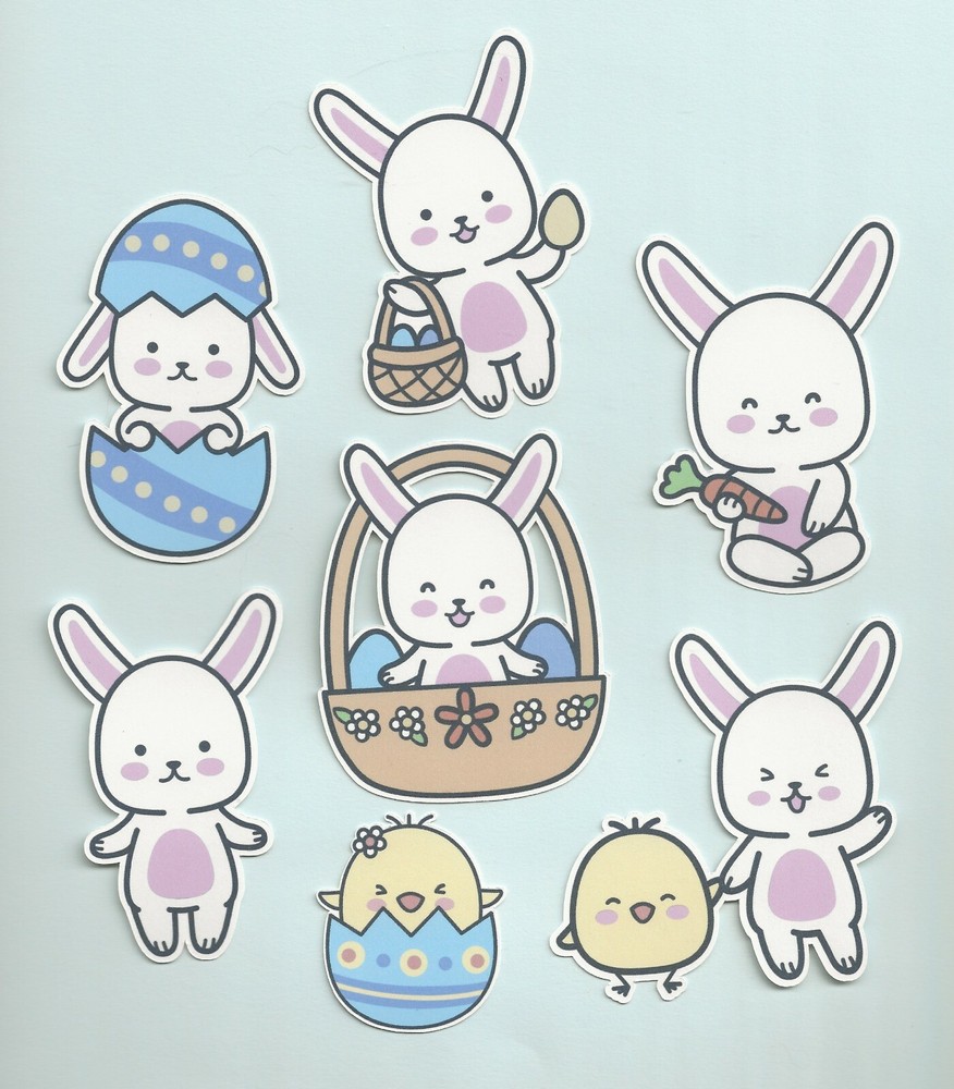 Bunny Die Cuts, 7 pcs. 3″ tall (chick 2″), Printed, Easter, Scrapbooking, Spring