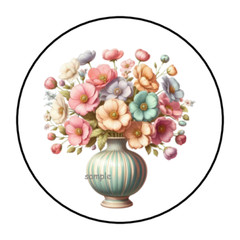 30 FLOWERS IN VASE ENVELOPE SEALS STICKERS LABELS TAGS 1.5″ ROUND FLORAL