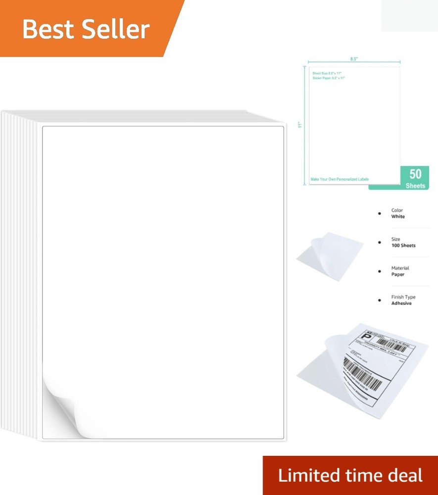 50 Full Sheet White Adhesive Sticker Paper – 8.5×11 for Inkjet & Laser Printers