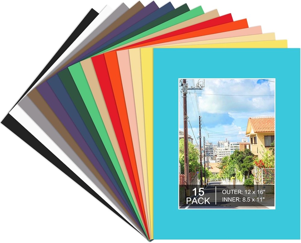 15 Pack 12×16 Picture Mats for 8.5×11 Photos Mixed Colors Bevel Cut Mat Boards