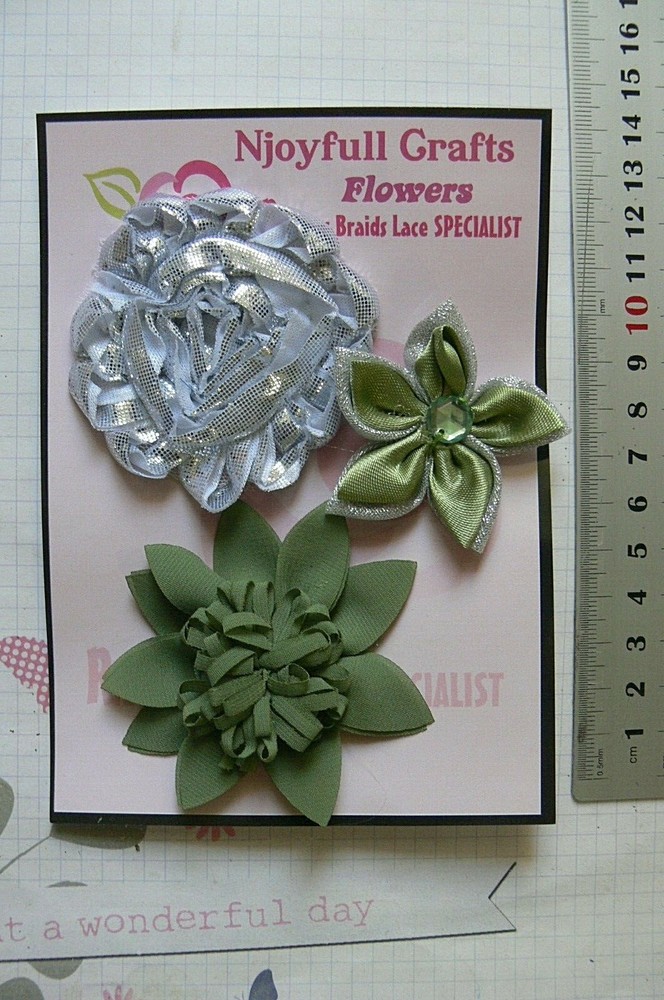 Metallic SILVER & OLIVINE GREEN Mix 50-65mm Across 3 Satin, Organza Flowers SF3A