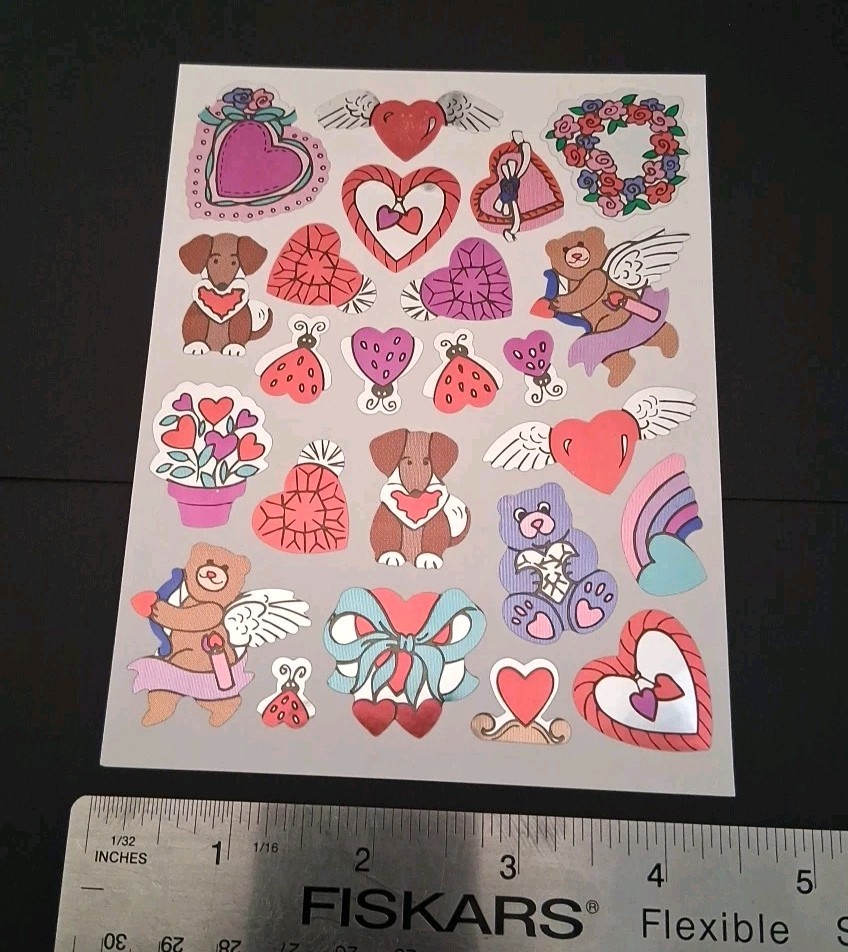 Vintage Stickers Foil Mylar Bears Hearts Rainbow Sticker 1 Sheet NOS 1990s