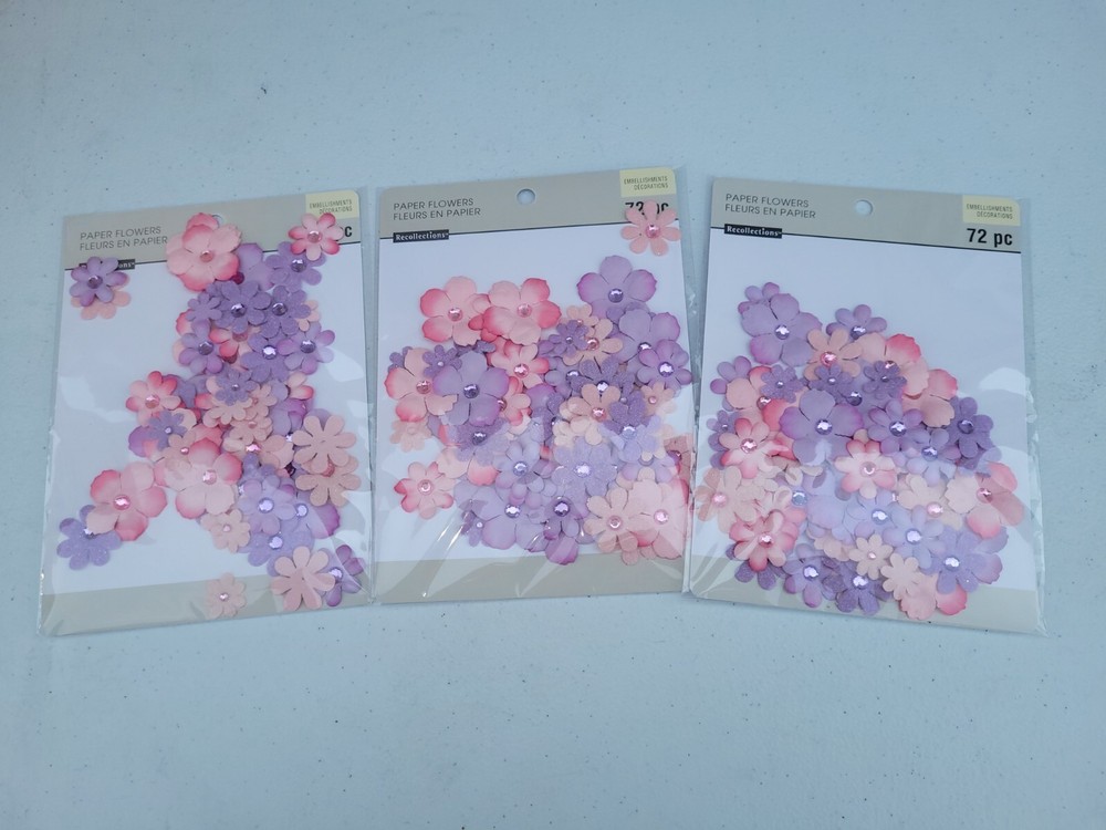 Lot of 3 – 72pc PAPER FLOWER PACKS, Pink & Lavender – Scrapbooking Decorations