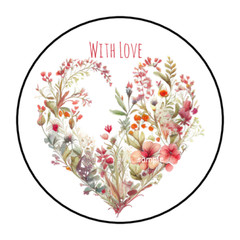 30 WITH LOVE ENVELOPE SEALS STICKERS LABELS TAGS 1.5″ ROUND FLORAL HEART