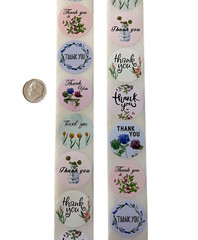 500 Stickers Thank You Adhesive 1 Inch 8 Flower Designs Round Art Paper Roll