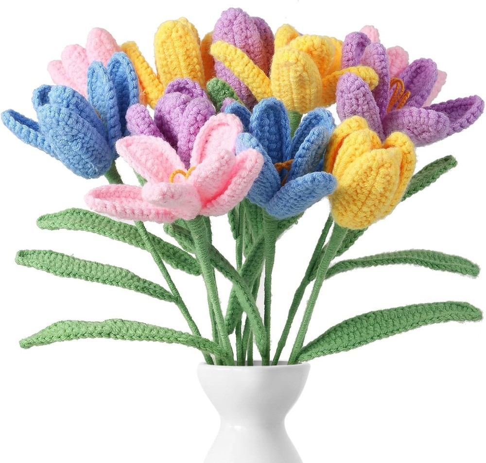 Crochet Rose 12 Pcs Handmade Knitted Flowers Tulip Sunflower Daisy