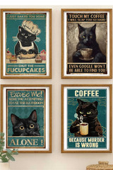 Vintage Black Cat Humor Wall Art Set of 4 Funny Cat Prints Cardstock Wall Decor