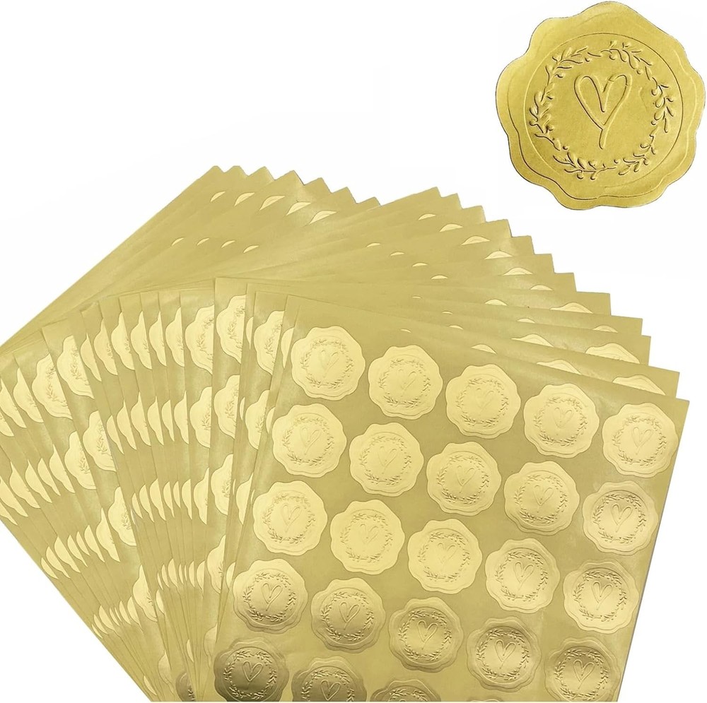 10/500 Pcs Gold Embossed Wax Seal Looking Heart Envelope Seals for Wedding Party