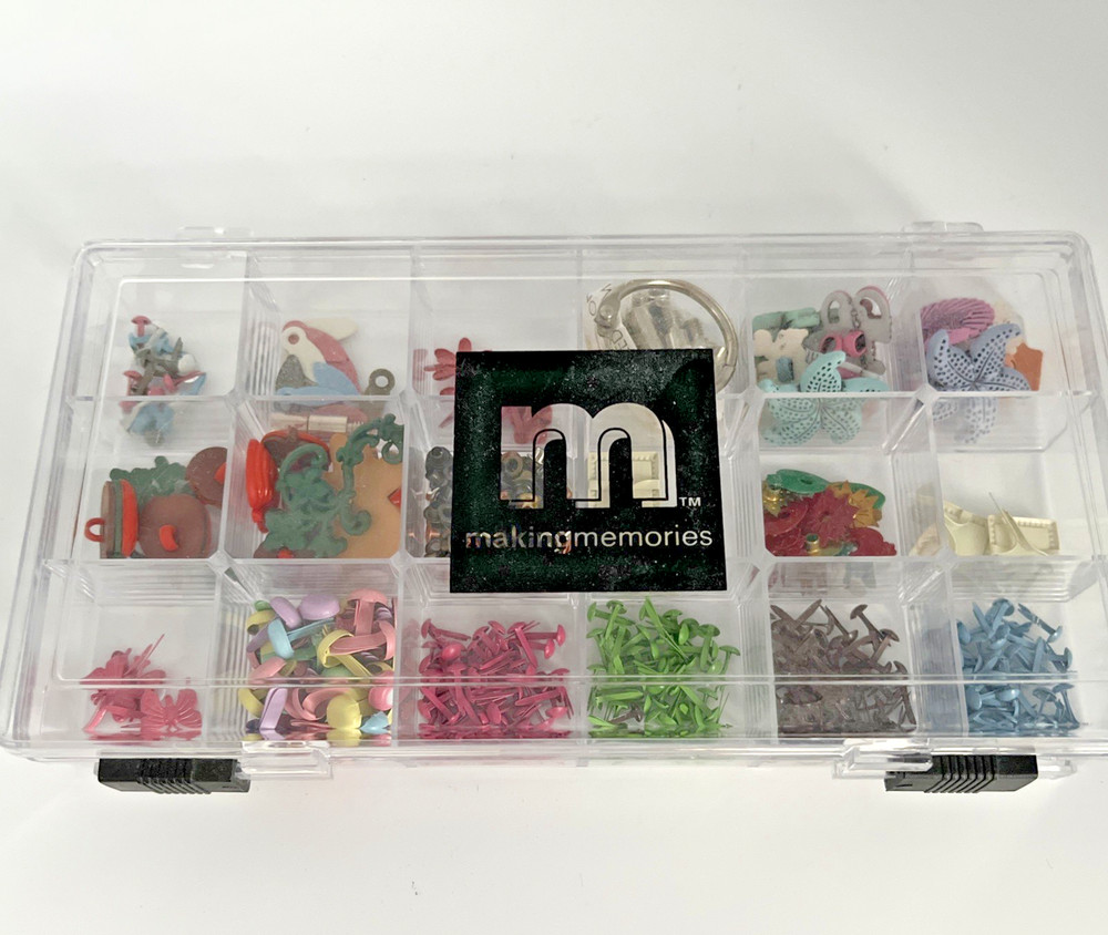 Mixed Lot Of Decorative Scrapbooking Brads Assorted Sizes & Colors W/ Organizer