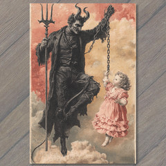 STICKER Devil Holding Chain Little Girl in Pink Dress Dark Vintage Fantasy
