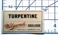 Vintage Turpentine Wolgarnot’s Drug Store Ohio Paper Sticker Decal Die Cut Retro