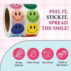 1000PCS Multi-Color Smiley Face Stickers 1 Inch – 2 Rolls of 500 Happy Face L…