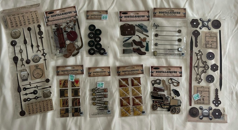 Nostalgiques Attic Collection Vintage Clocks Keys Tools Golf Car Scrapbook Lot