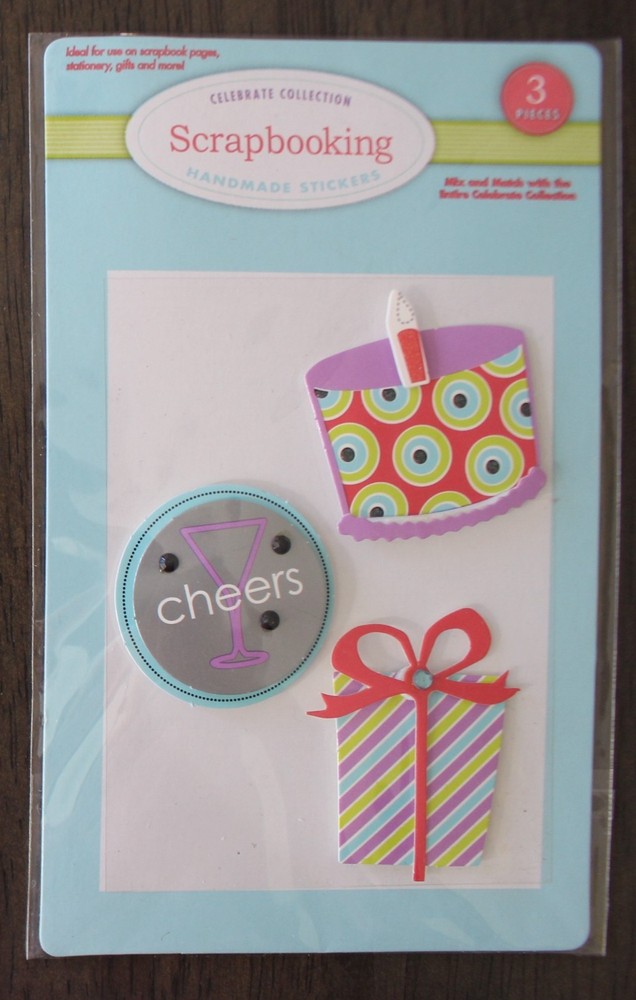 New scrapbook stickers BIRTHDAY cake present CHEERS cocktail brighly colored