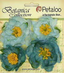 RUFFLED PEONY – TEAL BLUE 45 to 50mm x 4 Flowers with Centre FABRIC Petaloo A1