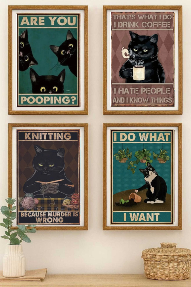 Vintage Black Cat Humor Wall Art Set of 4 Funny Cat Prints Removable Vinyl Art
