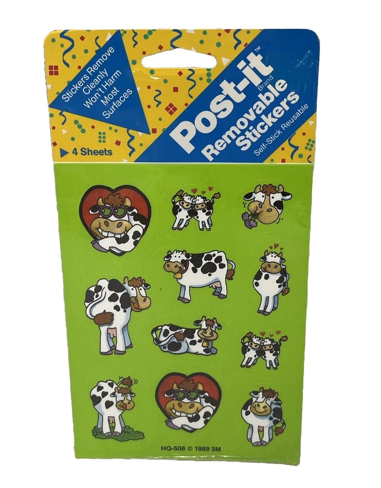 Vintage Stickers Post It Cow 4 Sheets Green 3M 1989 HQ-508