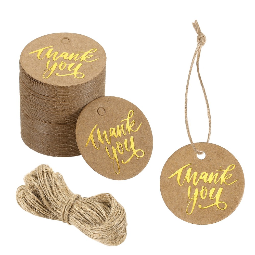 100 Pcs 1 Inch Thank You Gift Tags Round Paper Labels with String Brown
