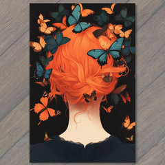 STICKER Monarchs Orange Black Butterflies Red Hair Bun Woman Back Pastel