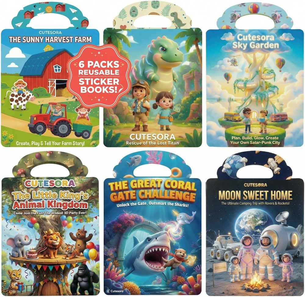 6 Sets Sticker Books for Toddlers,Reusable Jelly Sticker Activity Books for Kids