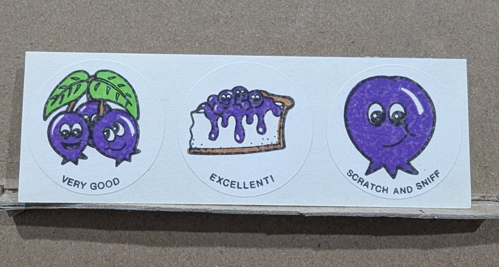 Vintage Matte CTP Blueberry Scratch & Sniff Sticker Strip of 3