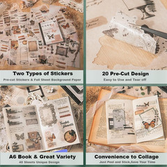 40 Sheets A6 Vintage Washi Stickers for Adults, Retro Butterfly Stickers with S