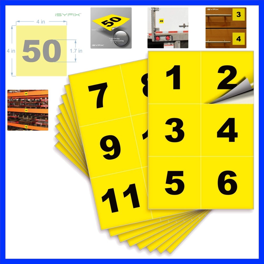 Yellow Consecutive Number Stickers – 1 to 50, 4-inch, 1 set – Vinyl Self Adhe…