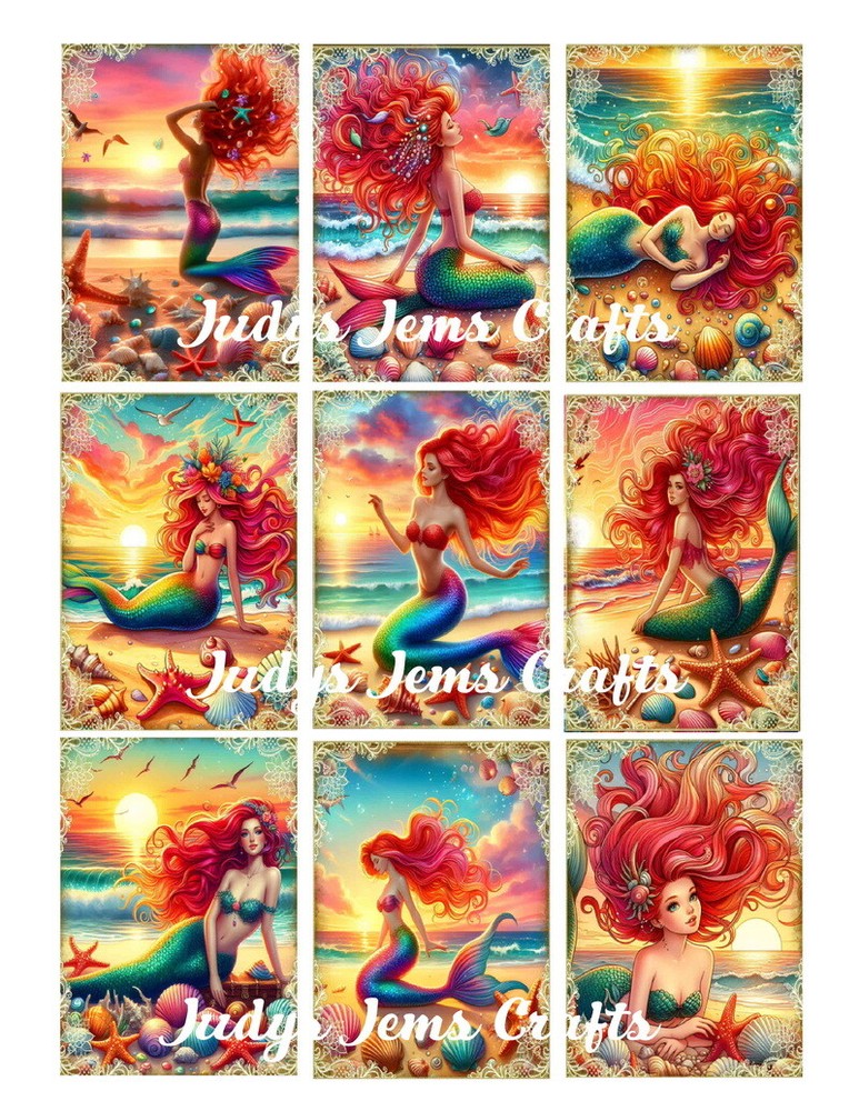 (9) Mermaids /w Seashells on Beach Collage Glossy Stickers~Scrapbook~Label~#310S
