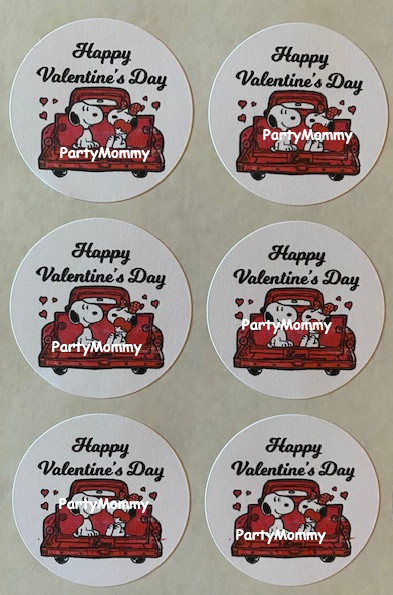 SNOOPY VALENTINE’S DAY STICKERS, ENVELOPE SEALS, LABELS, 1.5″, (30) ROUND, TAGS