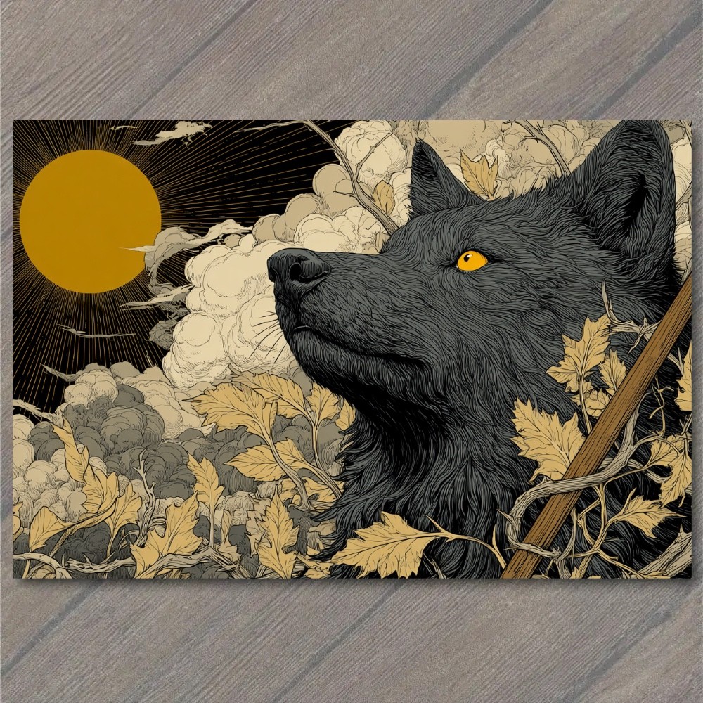 STICKER Wolf Portrait Golden Sun Clouds Botanical Leaves Engraved Woodcut