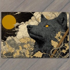 STICKER Wolf Portrait Golden Sun Clouds Botanical Leaves Engraved Woodcut
