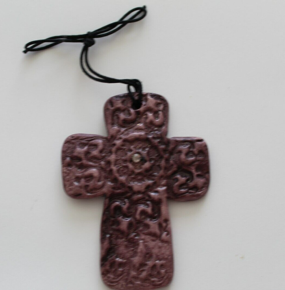 Cross – Handmade Maroon Ceramic Cross with Pink Rhinestone the Middle #2