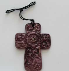 Cross – Handmade Maroon Ceramic Cross with Pink Rhinestone the Middle #2