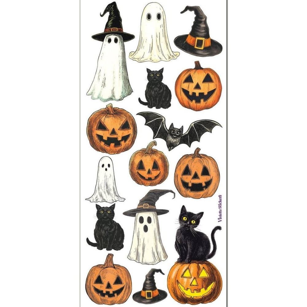 Violette Stickers – Crystal Pumpkin and Cats – 1 Sticker Sheet for Scrapbooks