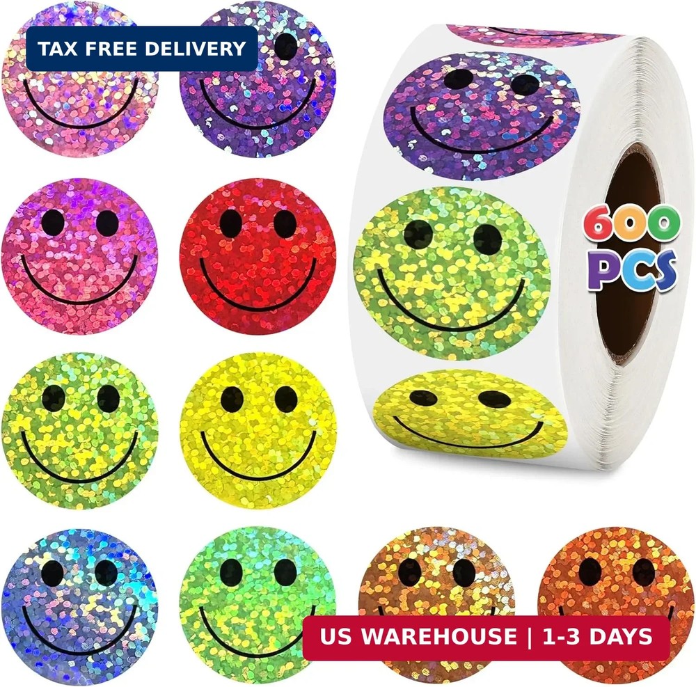 Blowata 600Pcs Glitter Dot Smile Face Stickers, 1 in 10 Colors of Shiny Cute Lab