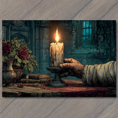 STICKER Candle Flame Hand Holding Rustic Table Roses Books Gothic Night Mood