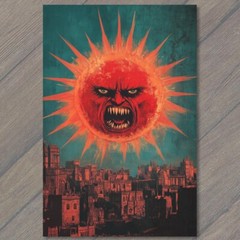STICKER Angry Sun Over City Mean Star Hot Rays Buildings Sky Funny Unusual