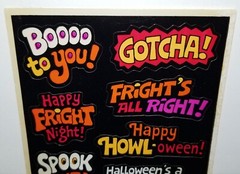 VTG HALLOWEEN STICKER 2 SHEETS BLACK ORANGE BOO SCARY HORROR MONSTER GHOST DECAL