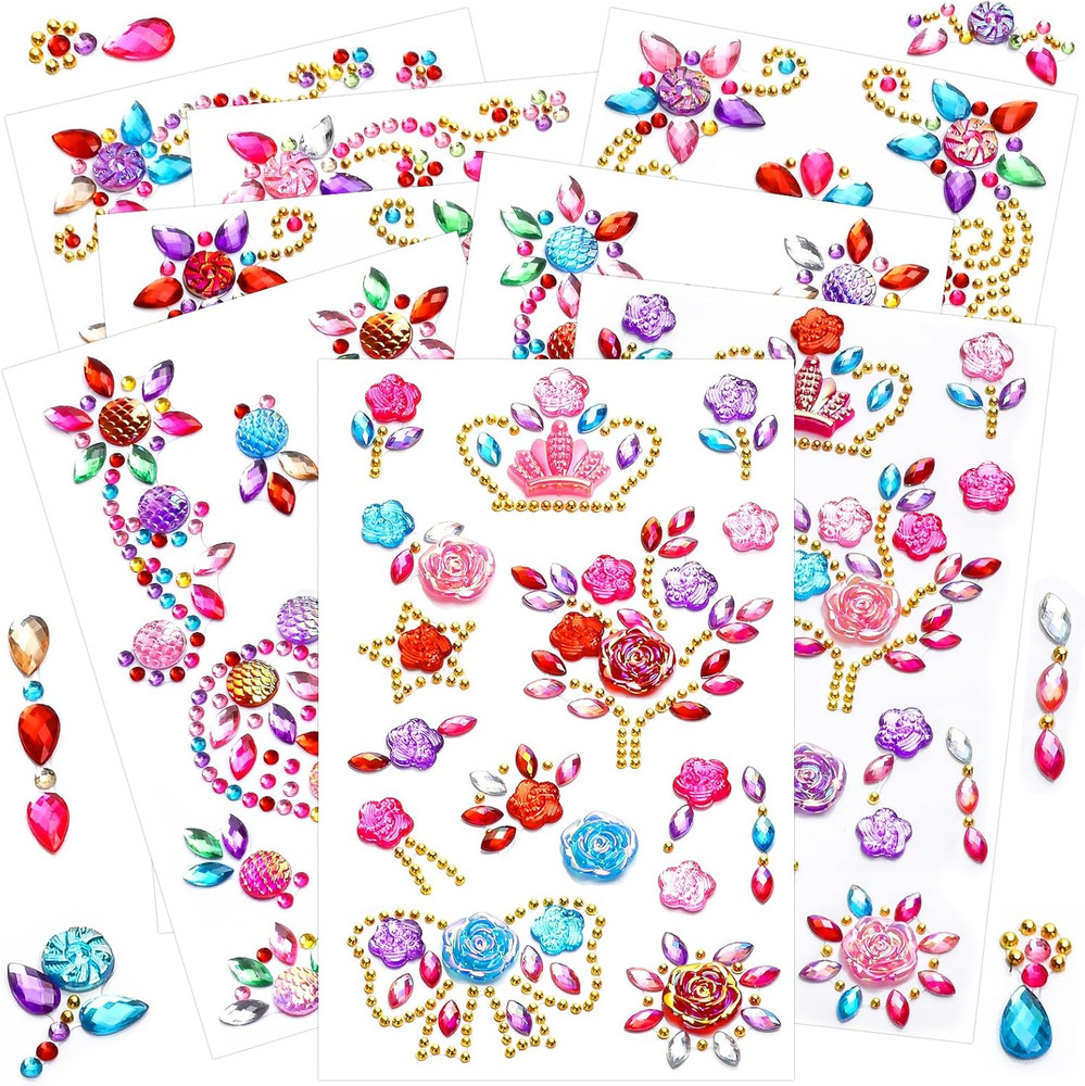 8 Sheets Colorful Gem Stickers Jewels for Crafts, Acrylic Glitter Self Adhesive