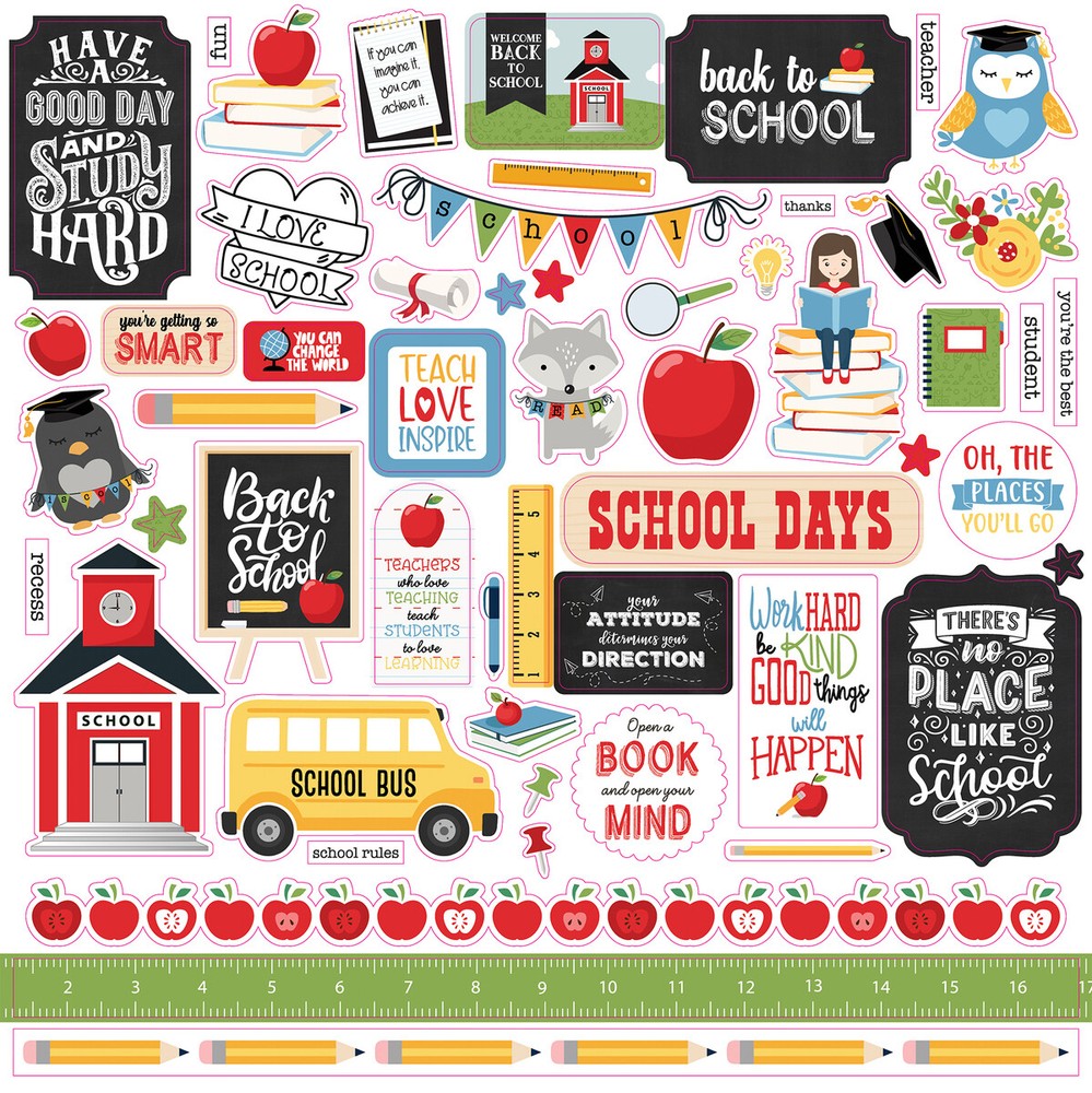 (1) 12×12 Sheet of Echo Park Paper SCHOOL RULES Scrapbook Element Stickers