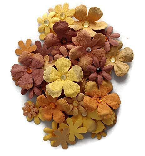 Fall Yellow Paper Flowers with Rhinestones and Glitter – 50 Pieces, Assorted Siz