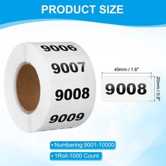 0.8×1.6 Inch Inventory Sticker, 1 Roll 9001 to 10000 Number Label 1000 Stickers
