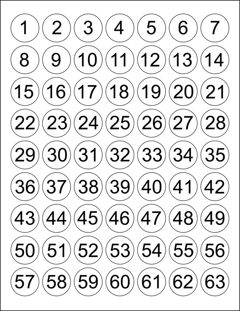 1-63 Sequential Numbered Stickers Consecutive Numbers White Black 1″ Round Label