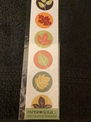 5 Paper Source 1.25” Circle Stickers Thx You, 2 Xmas, Leaves, Pool White Outline